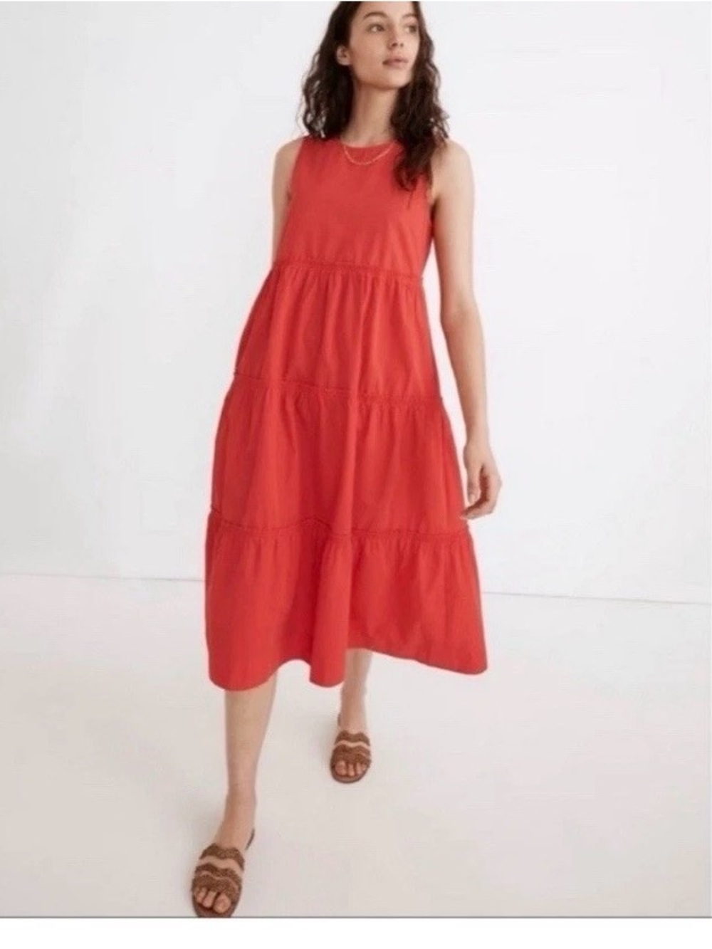 Madewell Sleeveless Tiered Midi Dress in Coral Red